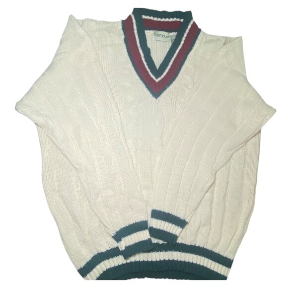 Vtg Campus Cable Knit Sweater White Green & Red Striped V-Neck Pullover Preppy - Picture 2 of 6